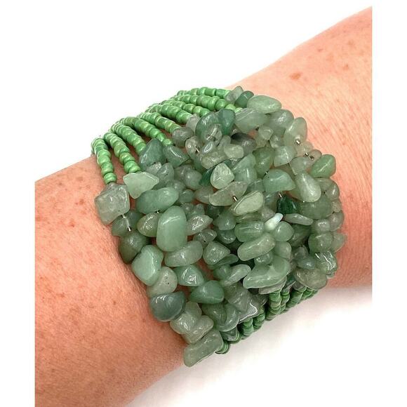 Green Aventurine Chipstone Bracelet Cuff Seed Beads Artisan - Picture 6 of 6